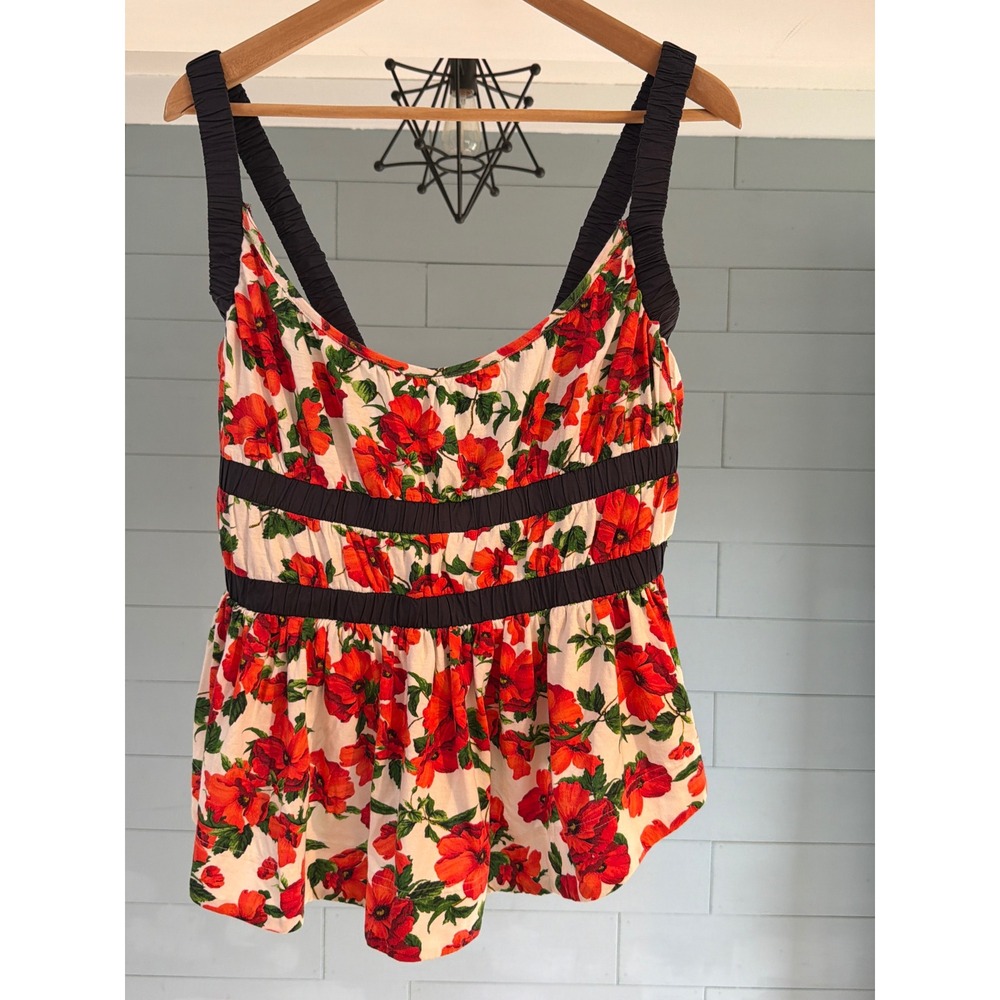 Maeve Anthropologie Red Floral Poppy Peplum Top Smocked Straps M NWT